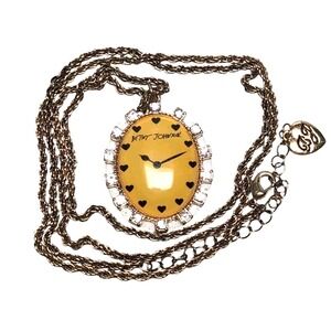 Vtg Betsey Johnson Faux Watch Pendant Necklace Crystal Oval Face 34" Time Flies